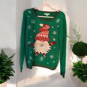 Holiday Hype Festive Santa‎ Gnome Christmas Sweater with Sparkle Detail sz large